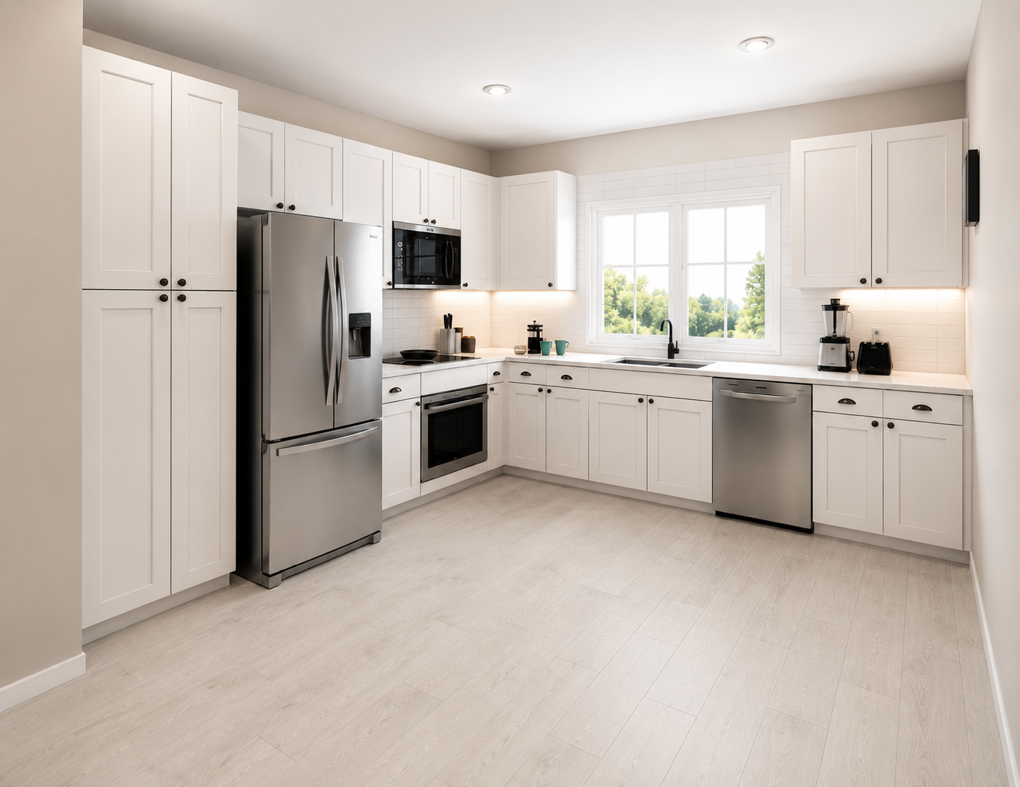 Render of a premium townhouse kitchen with dark cabinetry and island.